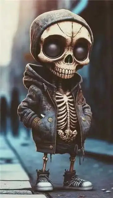 Cartoon skeleton character wearing a hoodie and jacket on a blurred background