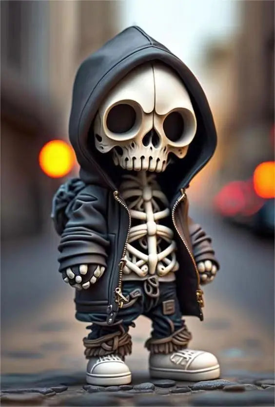 Skeleton character in a hoodie standing on a street with blurred lights in the background