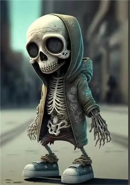 Skeleton character in a hoodie with a blurred background